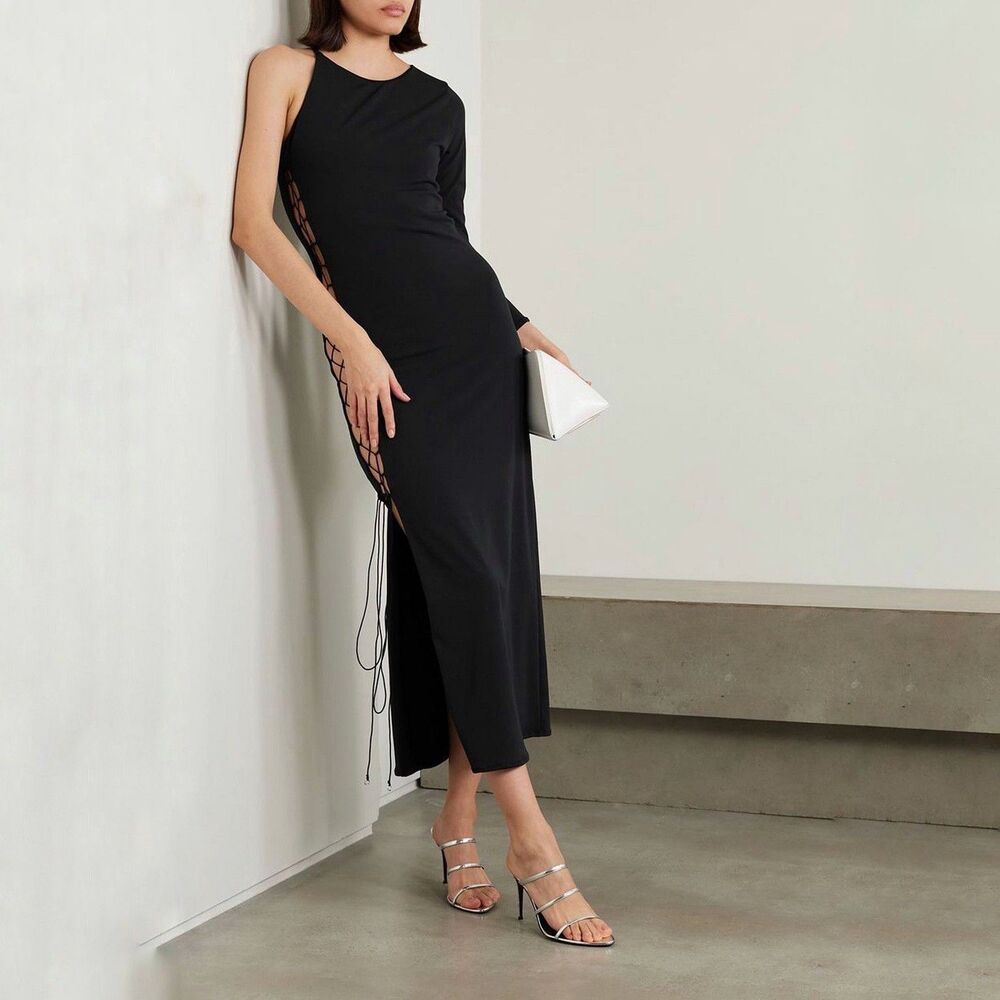 NWT Leslie Amon Allegra One-sleeve Tie-Detailed Stretch-Jersey Maxi Dress Medium